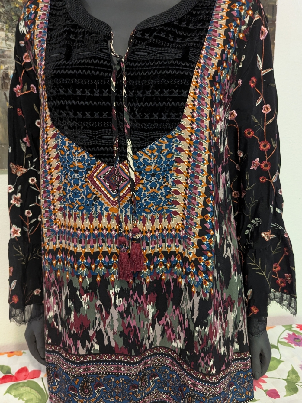 Bohemian Black Multi-Color Floral Embroidery V-Neck Women’s Top